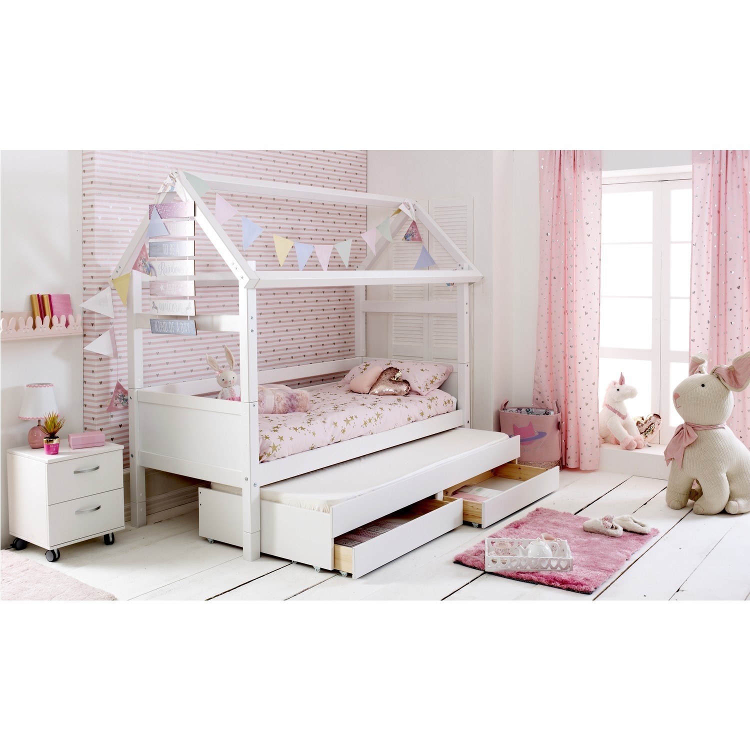 Read more about White wooden house bed with trundle and storage drawers nordic kids avenue